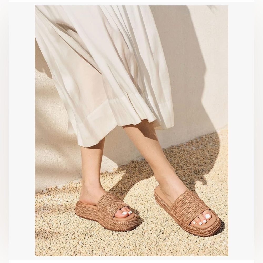 NEW! Women's ‘COFFEE’ Color Raffia Platform Sandals-9M - Picture 3 of 17